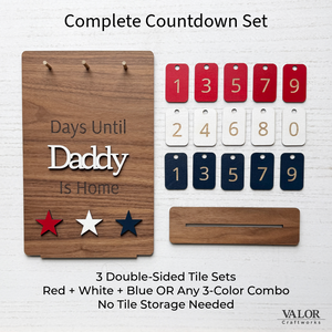 Complete deployment countdown set with double-sided number tiles and personalized walnut sign