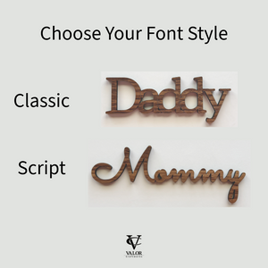 Wooden nameplates labeled 'Daddy' and 'Mommy' with font style options on a light gray background.