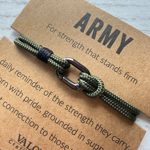 Bracelet with a knot design on a brown card with 'ARMY' text
