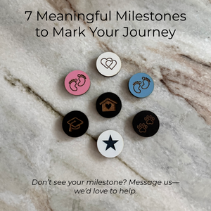 Set of seven milestone charms on a marble surface with text about meaningful milestones.