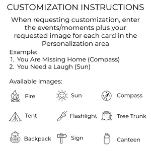 Customization instructions with icons for fire, sun, compass, tent, flashlight, tree trunk, backpack, sign, and canteen.