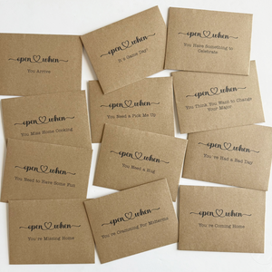 Set of brown paper cards with humorous sayings on a white background