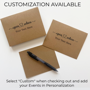 Three brown paper cards with text and a pen on a white background, indicating customization options.