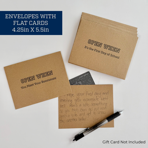 Kraft paper envelopes with flat cards on a white background, featuring text and a pen.