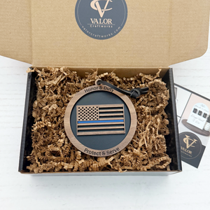 Decorative ornament with American flag design in aValor box