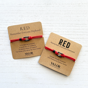 RED Friday military support bracelet displayed on kraft keepsake cards with Remember Everyone Deployed messaging