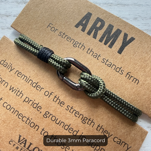 Green paracord bracelet with metal clasp on a brown card with text