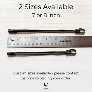 Two Army bracelets with ruler showing measurements on a white background, with text indicating available sizes.