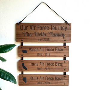 Personalized Air Force journey sign with engraved duty station location boards and leather hanger