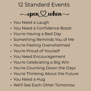 List of 12 standard Open When prompts included in the card set