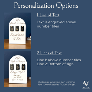 Personalization options for custom wedding countdown signs with one or two engraved text lines