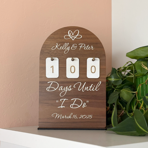 Walnut wedding countdown sign with personalized names and wedding date engraving