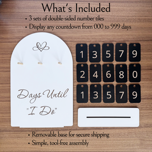 Complete wedding countdown set with interchangeable number tiles and engraved sign details